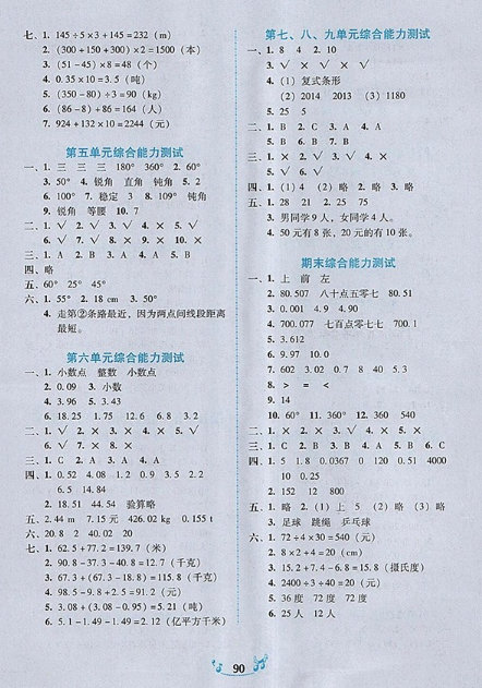 2020百年学典课时学练测四年级数学下册答案是什么